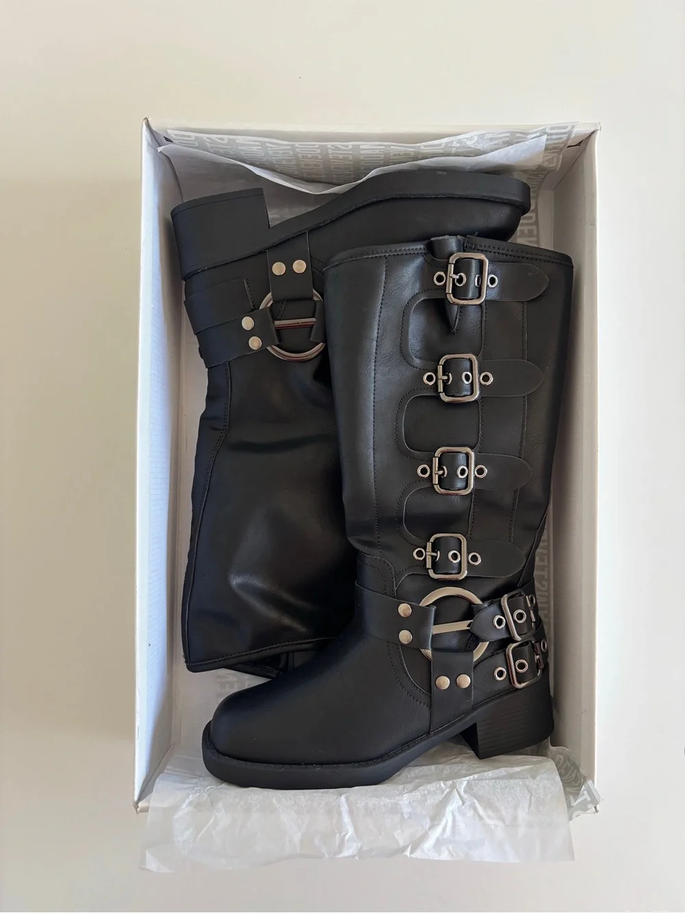 Brand New Black leather buckle boots